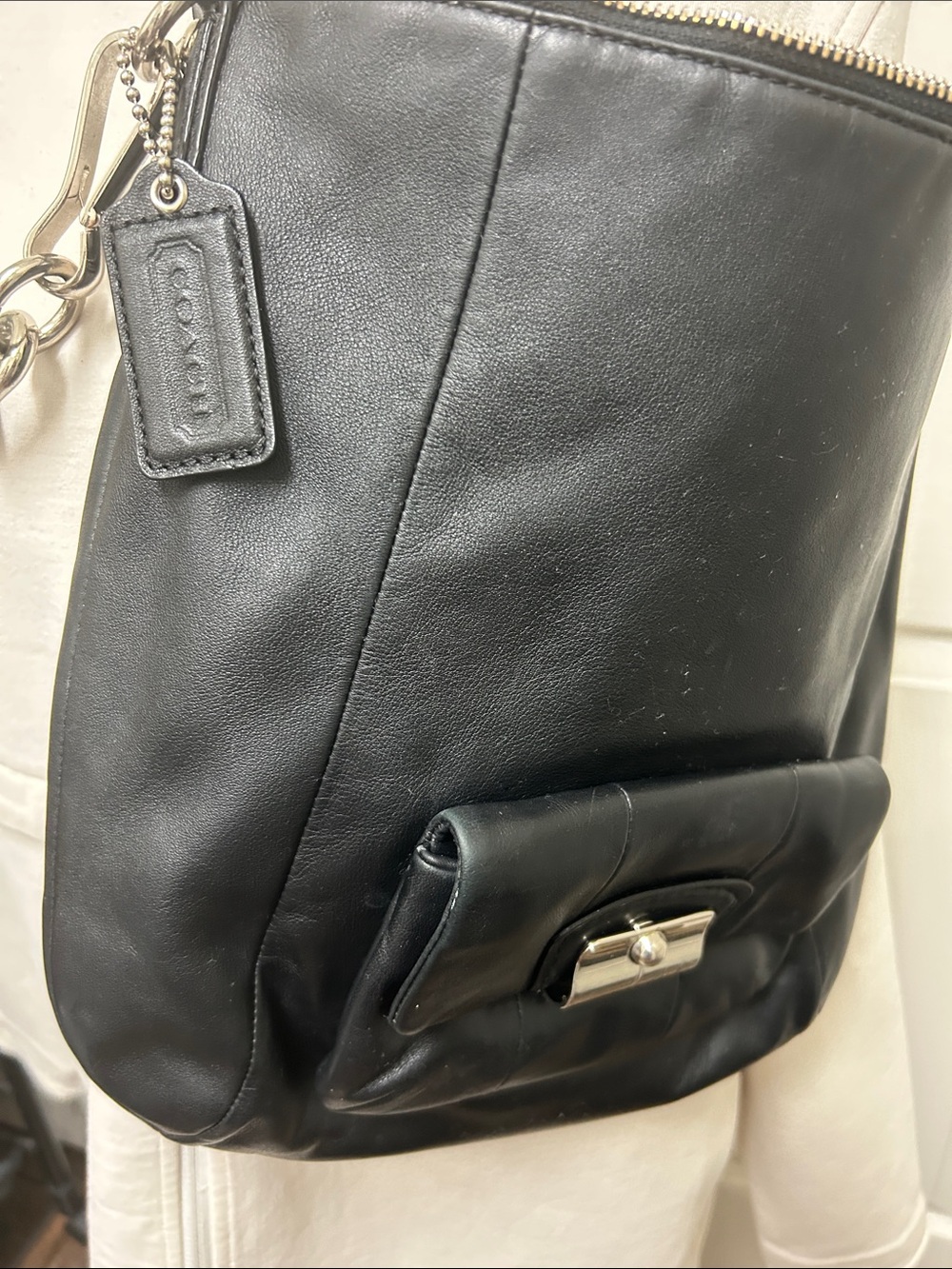 Coach Black Leather Crossbody with Front Pocket and Silver Hardware